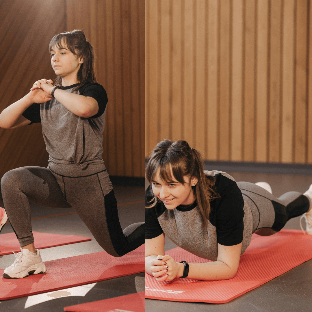 a collage of a woman doing a lunge