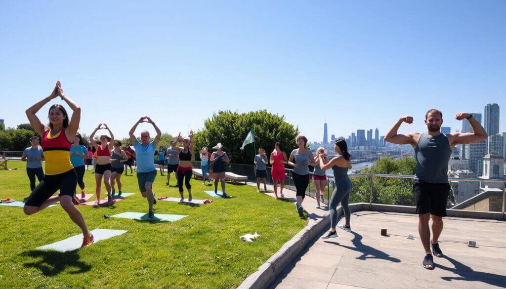 a group of people doing yoga outside